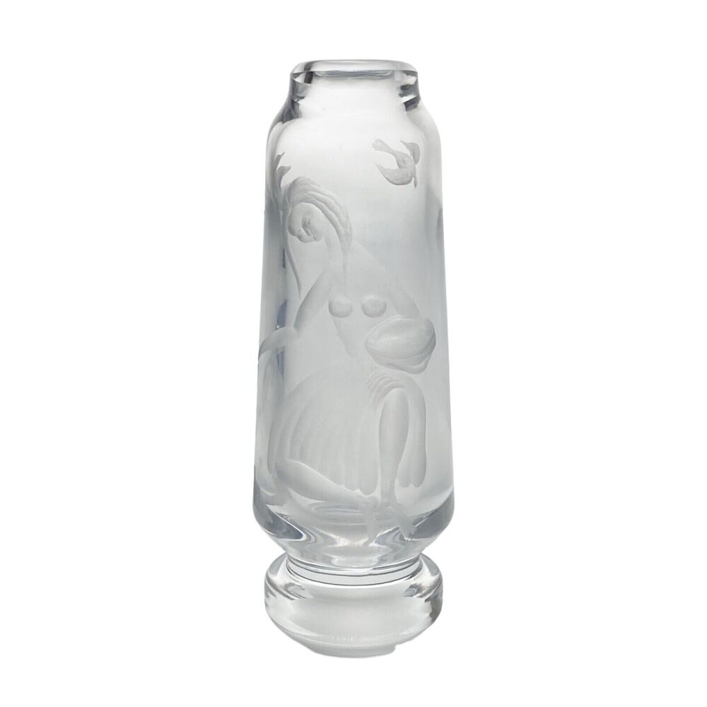 Koċica Rogaška Contemporary Post-Modern Crystal “Woman Feeding Birds” Vase 9”